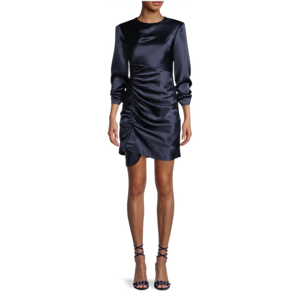 Cinq à Sept Natalia Ruched Satin Sheath Dress in Navy